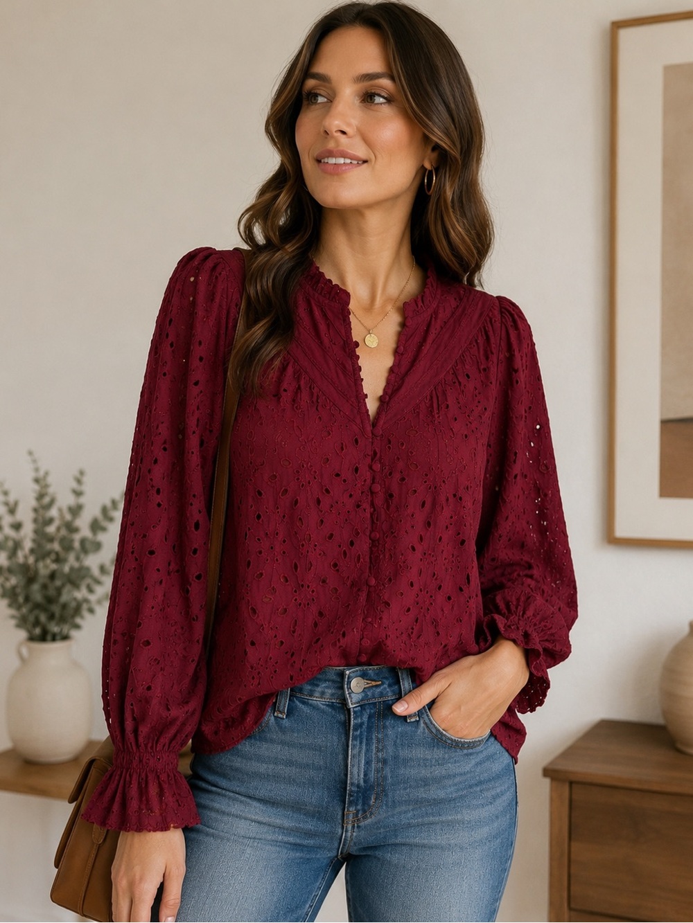 Eyelet V-Neck Long Sleeve Top - Wine